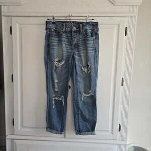 American Eagle Boy Crop Ripped Button Fly Jeans, Size 2